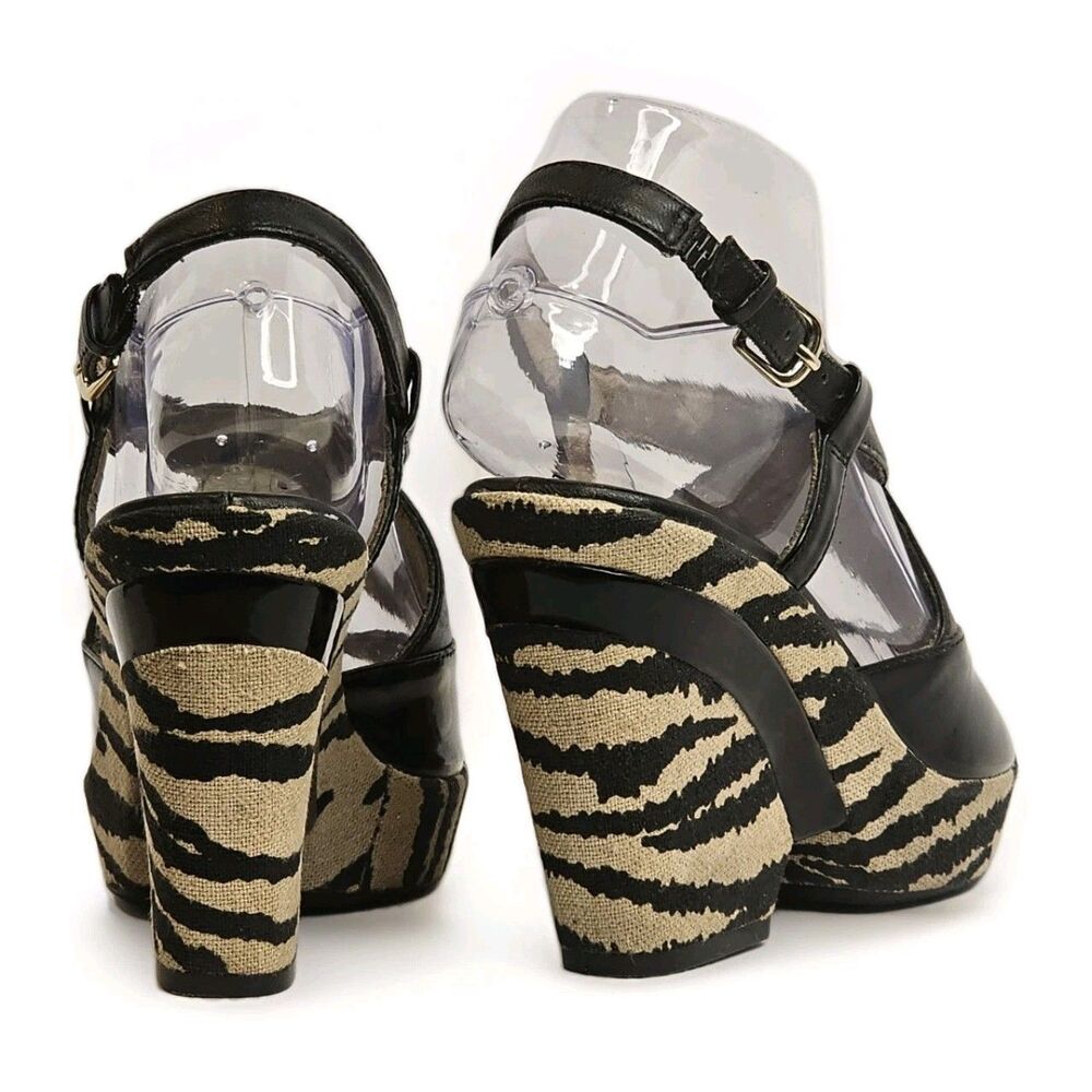 Zebra Print Wedge Sandals Black Leather Strappy Platform Peep Toe Heels 6M - Picture 3 of 9